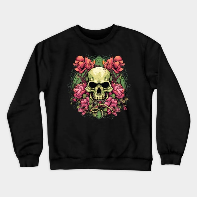 Evil Skull with Roses and Green Leaves Crewneck Sweatshirt by TOKEBI